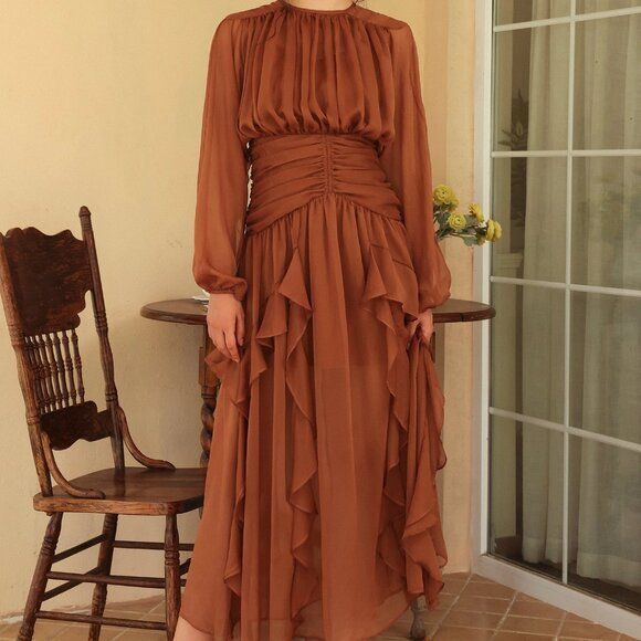 Dresses & Skirts - Tiered Ruffle Hem Maxi Dress Brown